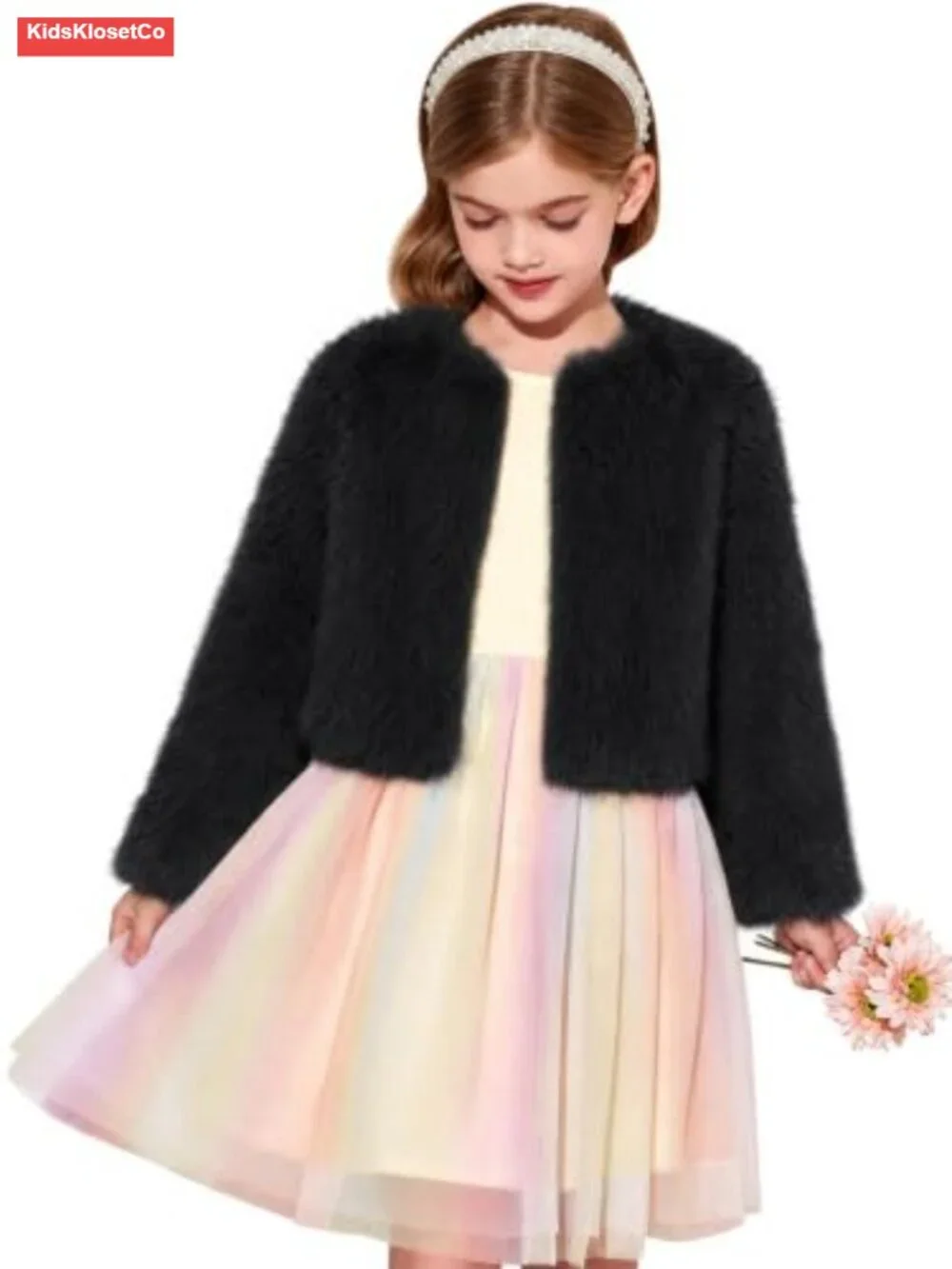 Faux Fur Girls Dress Coat Fluffy Open Front Long Sleeve Jacket